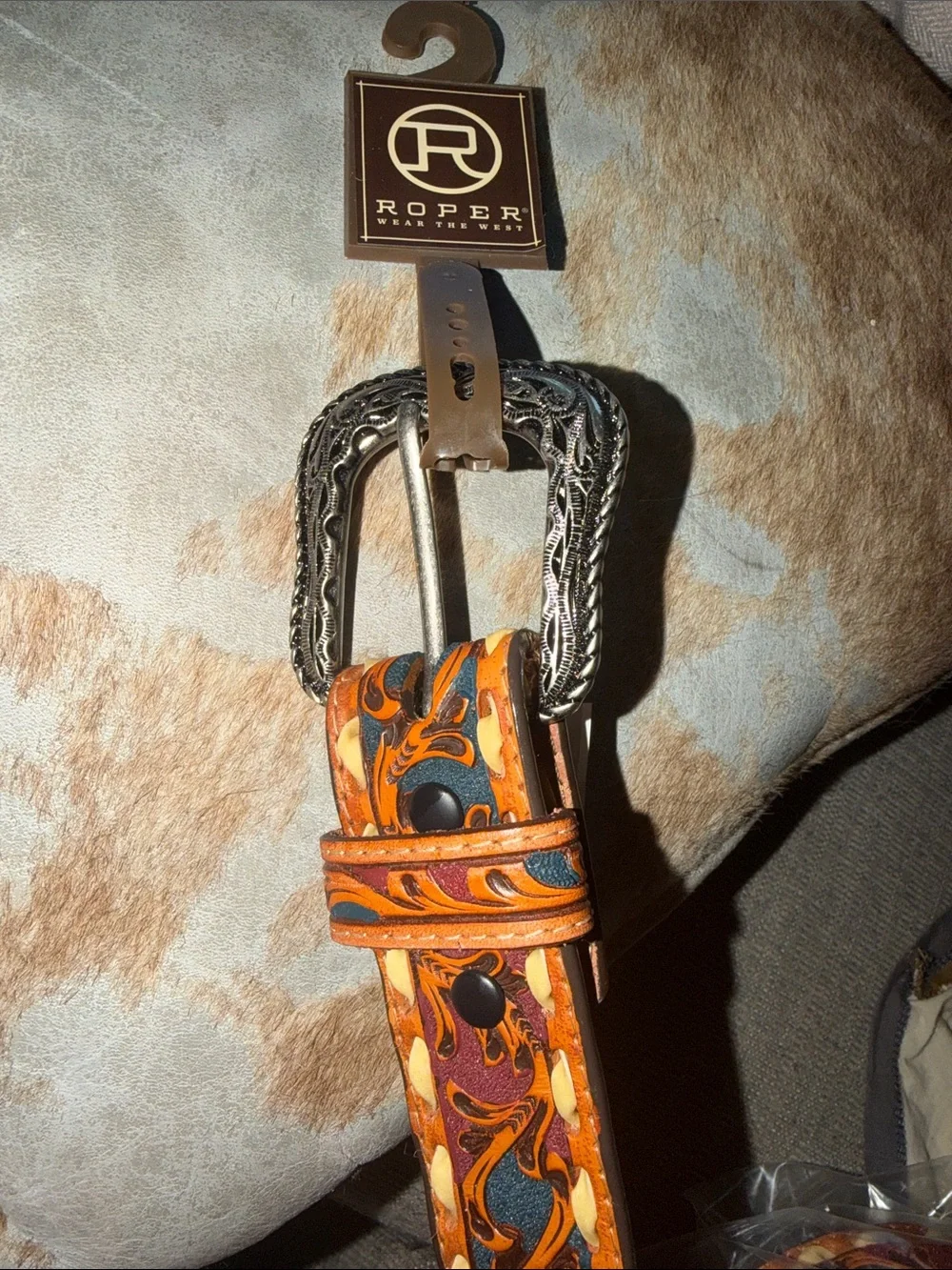 $130 NWT ROPER BELT FLORAL TOOLED HAND PAINTED GENUINE LEATHER Size 32